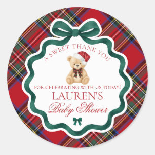 Red Tartan Plaid Christmas Bear Baby Shower Favor Classic Round Sticker
