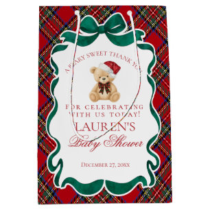 Red Tartan Plaid Christmas Bear Baby Shower Favors Medium Gift Bag