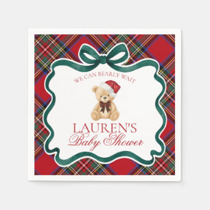 Red Tartan Plaid Christmas Bear Baby Shower Napkin