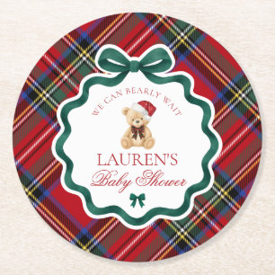 Red Tartan Plaid Christmas Bear Baby Shower  Round Paper Coaster