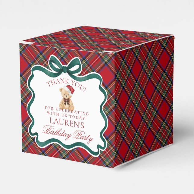 Red Tartan Plaid Christmas Bear Birthday Favor Box (Front Side)