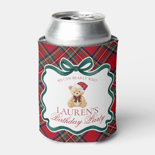 Red Tartan Plaid Christmas Bear Birthday Favor Can Cooler (Can Front)