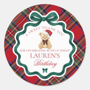 Red Tartan Plaid Christmas Bear Birthday Favor Classic Round Sticker
