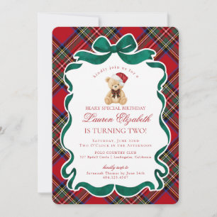 Red Tartan Plaid Christmas Bear Birthday Invitation