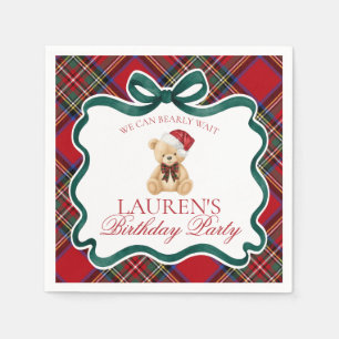 Red Tartan Plaid Christmas Bear Birthday Party Napkin