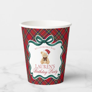 Red Tartan Plaid Christmas Bear Birthday Party Paper Cups