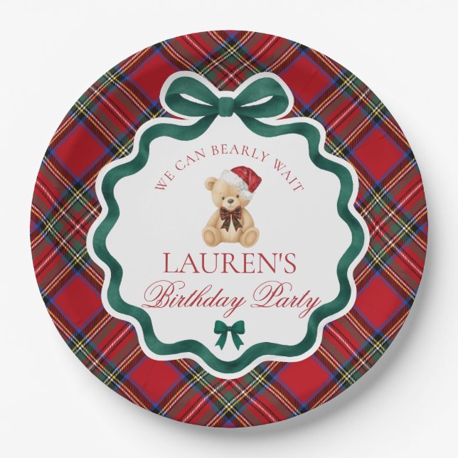 Red Tartan Plaid Christmas Bear Birthday Party  Paper Plate (Front)