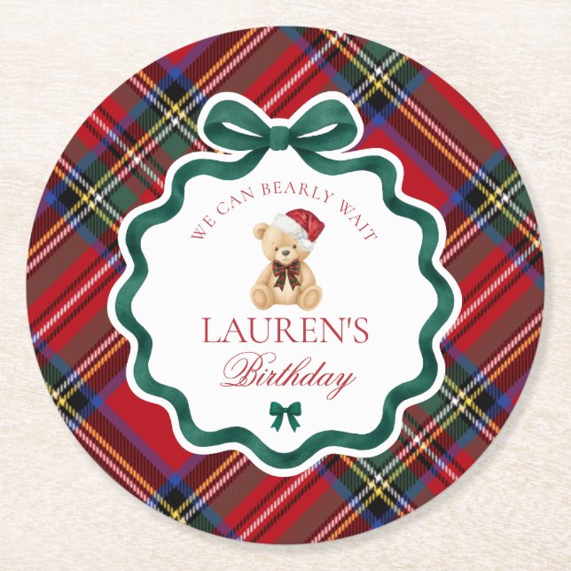 Red Tartan Plaid Christmas Bear Birthday Party Round Paper Coaster (Front)