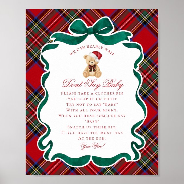 Red Tartan Plaid Christmas Bear Dont Say Baby Game Poster (Front)