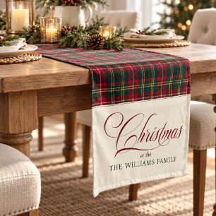 Red Tartan Plaid Christmas Family Name Script Short Table Runner