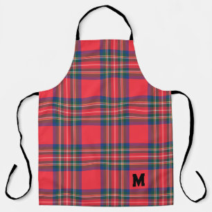 Red Tartan Plaid Christmas INITIAL Modern Holiday Apron