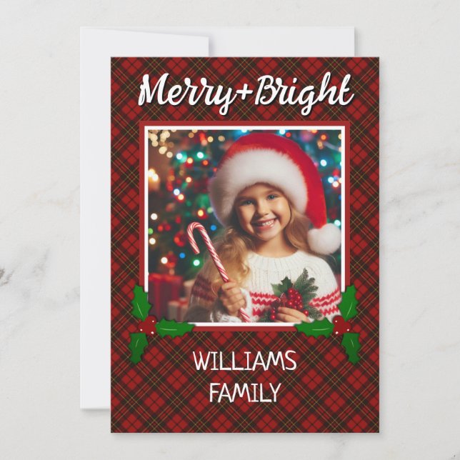 Red tartan plaid Custom photo Christmas greeting Holiday Card (Front)