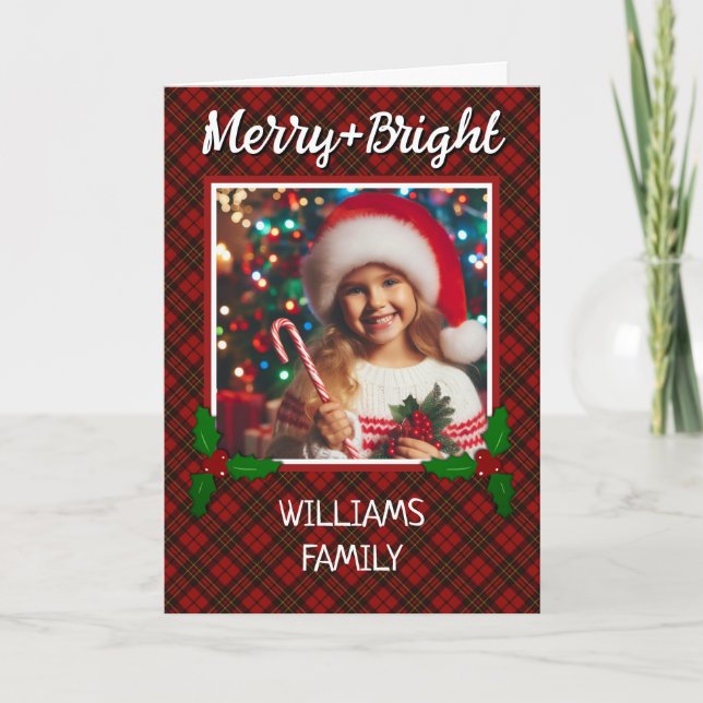 Red tartan plaid Custom photo Christmas greeting Holiday Card (Front)