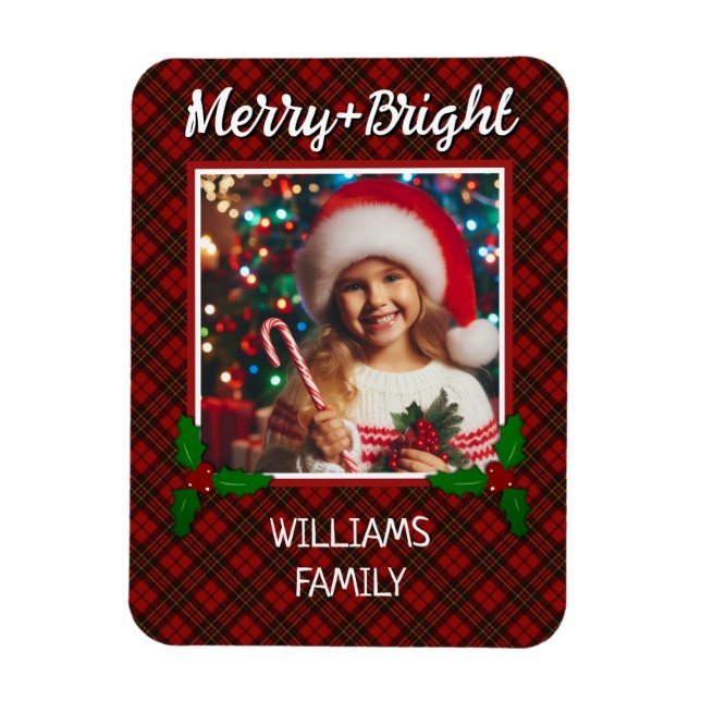 Red tartan plaid Custom photo Christmas Magnet (Vertical)