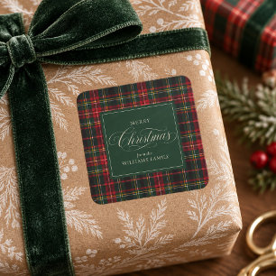 Red Tartan Plaid Forest Green Christmas Family Square Sticker