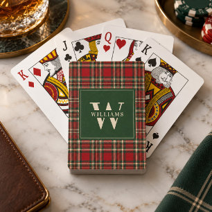 Red Tartan Plaid Forest Green Christmas Monogram Playing Cards