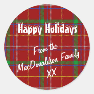 Red tartan plaid happy christmas holiday classic round sticker