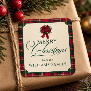Red Tartan Plaid Merry Christmas Family Bow Square Sticker