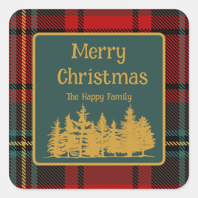 Red Tartan Plaid Merry Christmas  Square Sticker (Front)