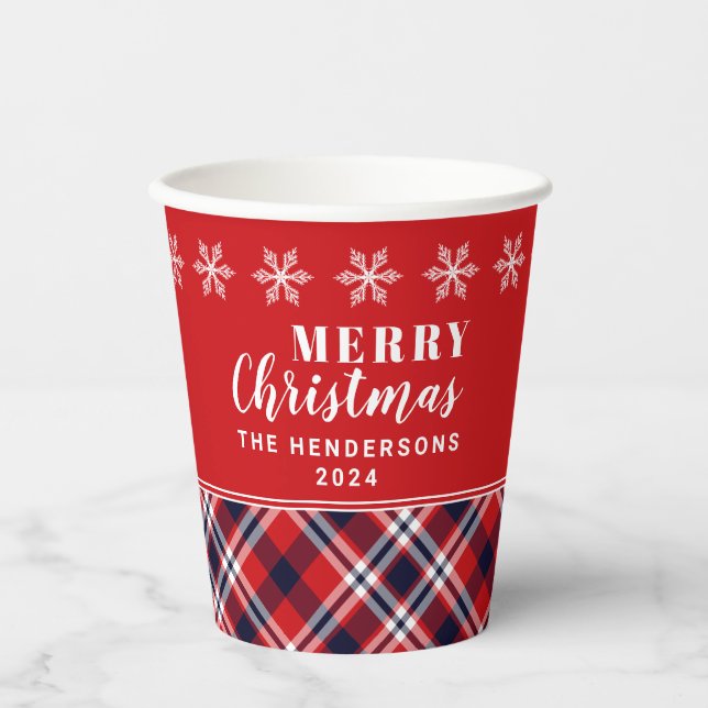 Red Tartan Plaid Modern Personalised Christmas Paper Cups (Front)