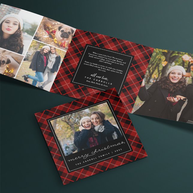 Red Tartan Plaid Photo Tri-Fold Holiday Card (Creator Uploaded)