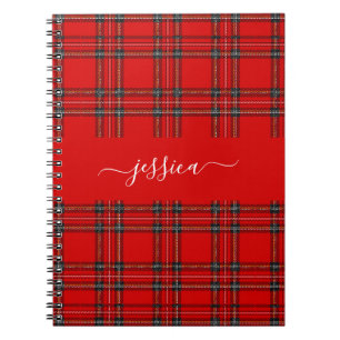 Red tartan plaid script name binder notebook