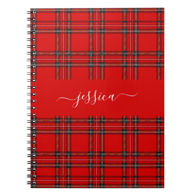 Red tartan plaid script name binder notebook (Front)