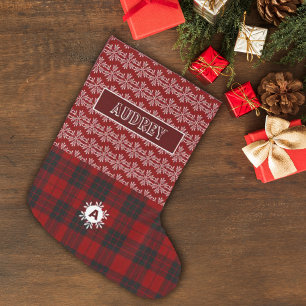 Red Tartan Plaid Snow Flake Cute Monogram Large Christmas Stocking