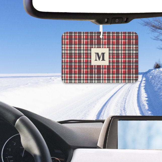 Red Tartan Plaid Stylish Monogrammed Winter Car Car Air Freshener (A car air freshener with tartan plaid pattern in red, charcoal gray and white, with monogram initial)