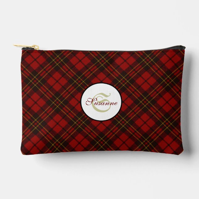 Red tartan plaid winter elegant Monogram Zipper Accessory Pouch (Front)