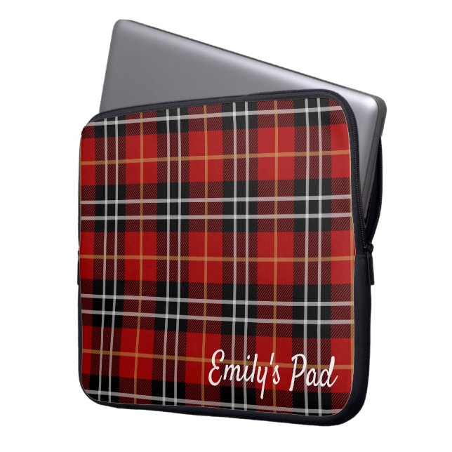 Red Tartan Plaid With Name Laptop Sleeve (Front Left)
