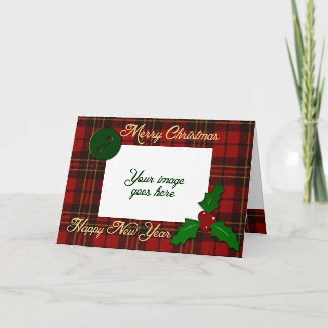 Red tartan plaid Your photo Christmas greeting Holiday Card (Front)