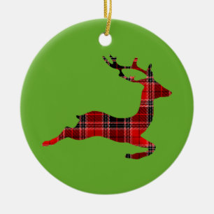 Red Tartan reindeer Scottish Christmas Ceramic Tree Decoration
