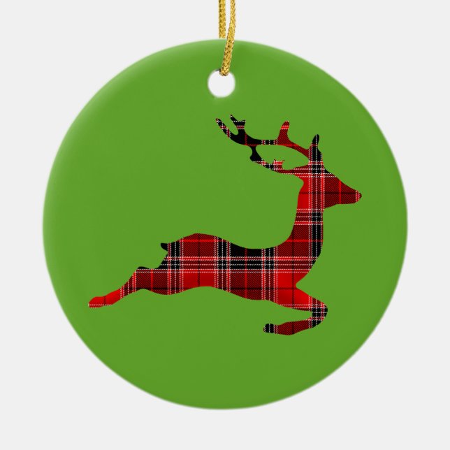 Red Tartan reindeer Scottish Christmas Ceramic Tree Decoration (Front)