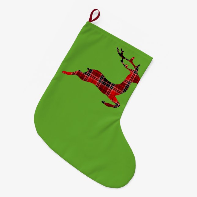 Red Tartan reindeer Scottish Christmas Large Christmas Stocking (Front (Hanging))
