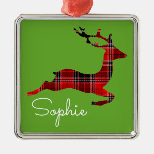 Red Tartan reindeer Scottish Christmas name gift Metal Tree Decoration