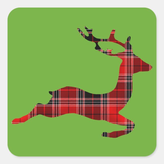 Red Tartan reindeer Scottish Christmas Square Sticker (Front)