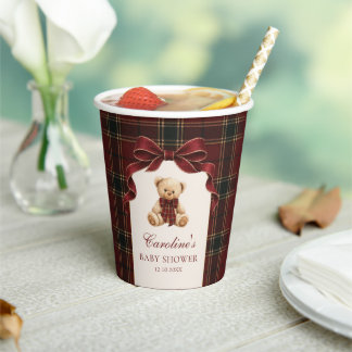 Red Tartan Teddy Bear Baby Shower Paper Cups