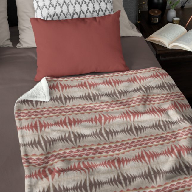 Red Taupe Beige Dark Brown Tribal Art Pattern Fleece Blanket (Creator Uploaded)