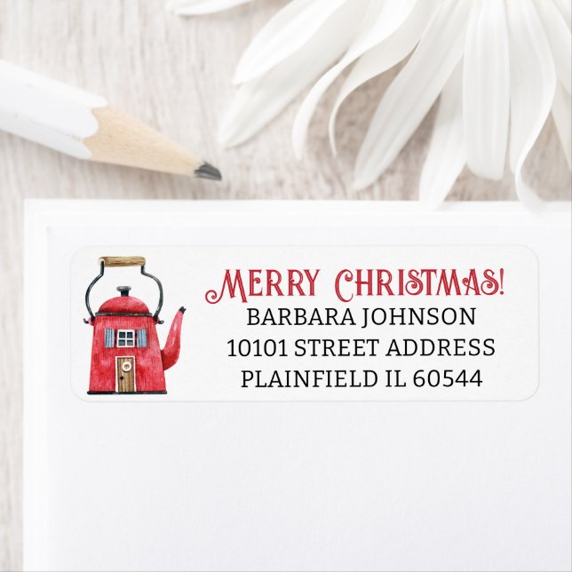 Red Tea Kettle Home, Christmas Return Address (Insitu)
