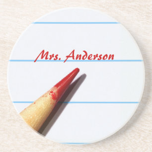 Red Teacher Pencil On Lined Paper With Name Coaster