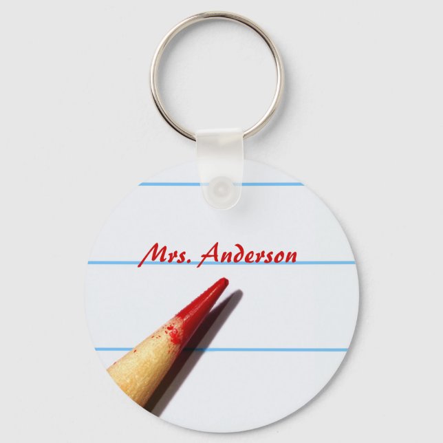 Red Teacher Pencil On Lined Paper With Name Key Ring (Front)
