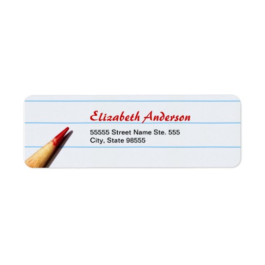 Red Teacher Pencil On Lined Paper With Name Return Address Label