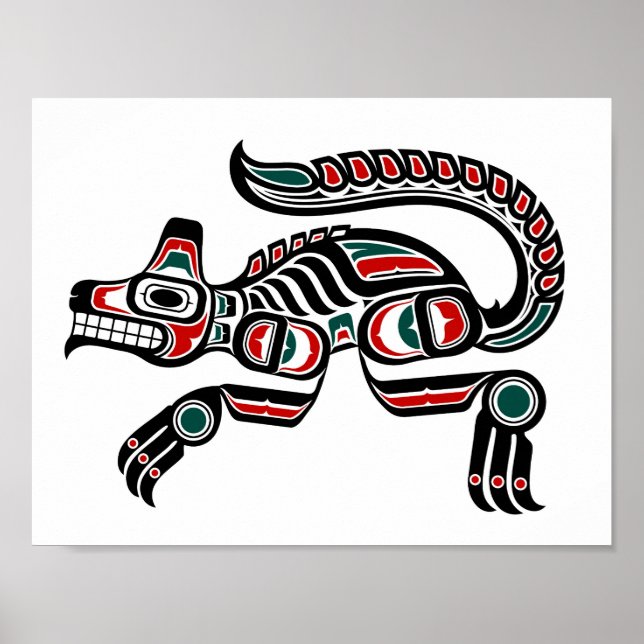 Red Teal and Black Haida Spirit Wolf Poster (Front)