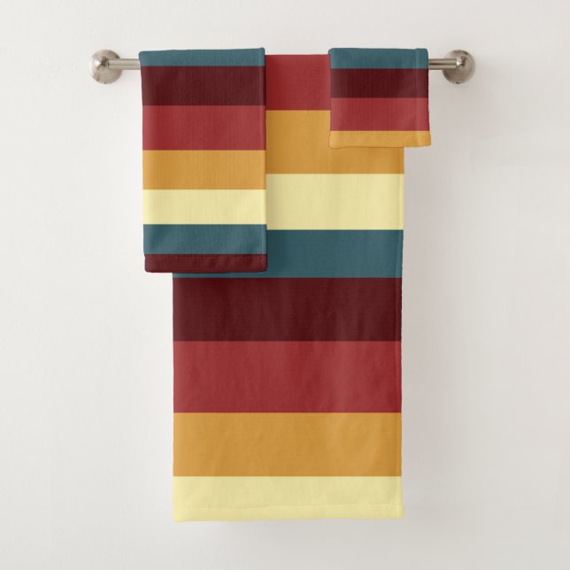 Red, teal and yellow stripes bath towel set (Insitu)