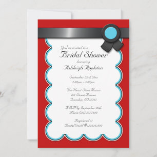 Red & Teal, Black Ribbon Bridal Shower Invitations