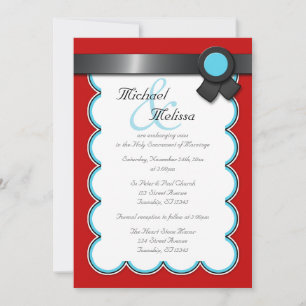 Red & Teal, Black Ribbon Wedding Invitations