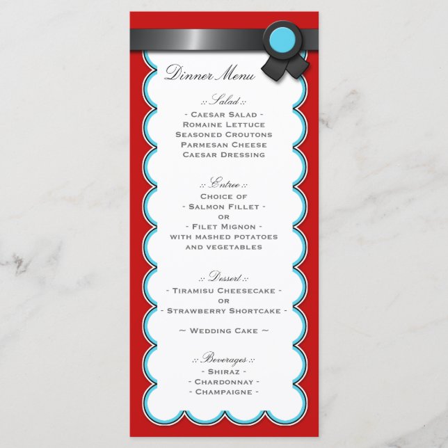 Red & Teal, Black Ribbon Wedding Reception Menu (Front)