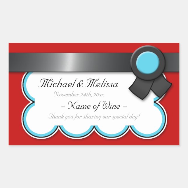 Red & Teal, Black Ribbon Wedding Wine Bottle Label (Front)