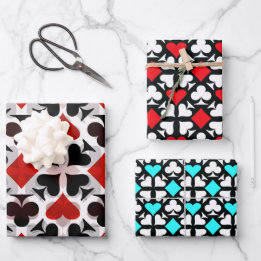 Red, Teal, Black & White Four Card Suit Icons Wrapping Paper Sheet